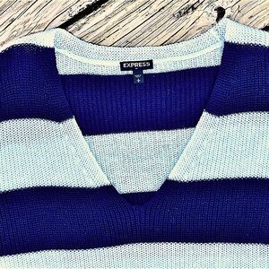 Express V Neck Sweater Navy White Striped Cotton Medium